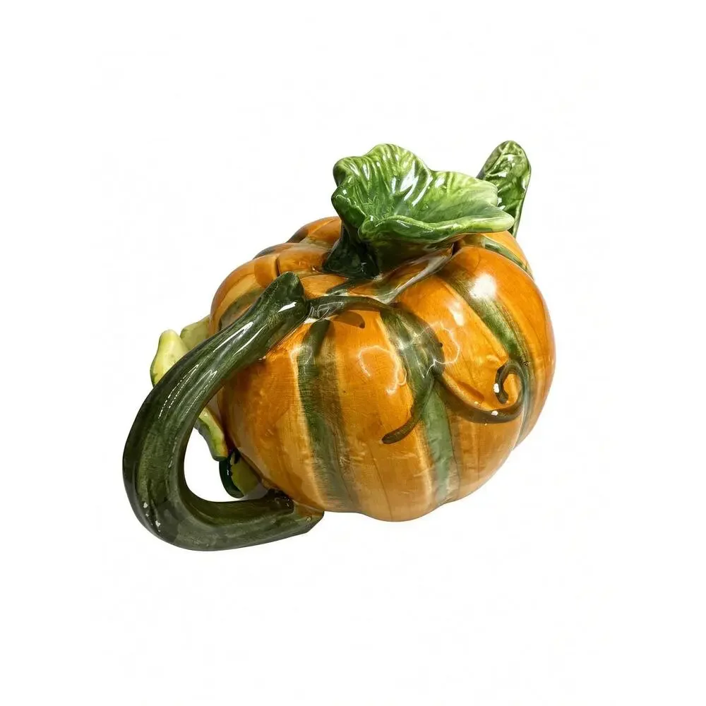 Hand Painted Ceramic Pumpkin Teapot, Vintage Fall Serveware, Orange Green